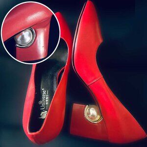 NEVER WORN Womens Chunky Heels with Pearl Pointed Toe Red Real Leather Pumps
